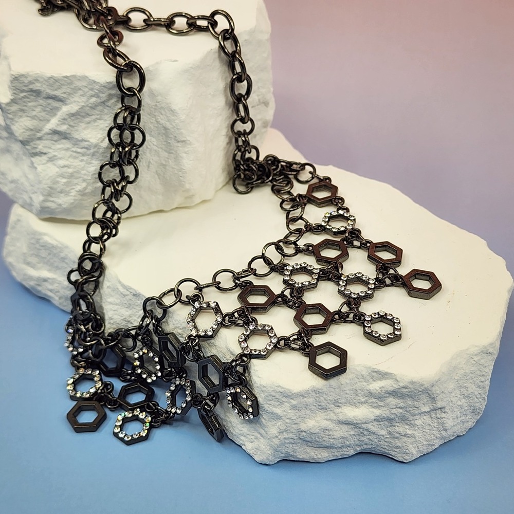 Gunmetal Rhinestone Hexagon Bib Necklace Geometric Gothic Statement Vintage